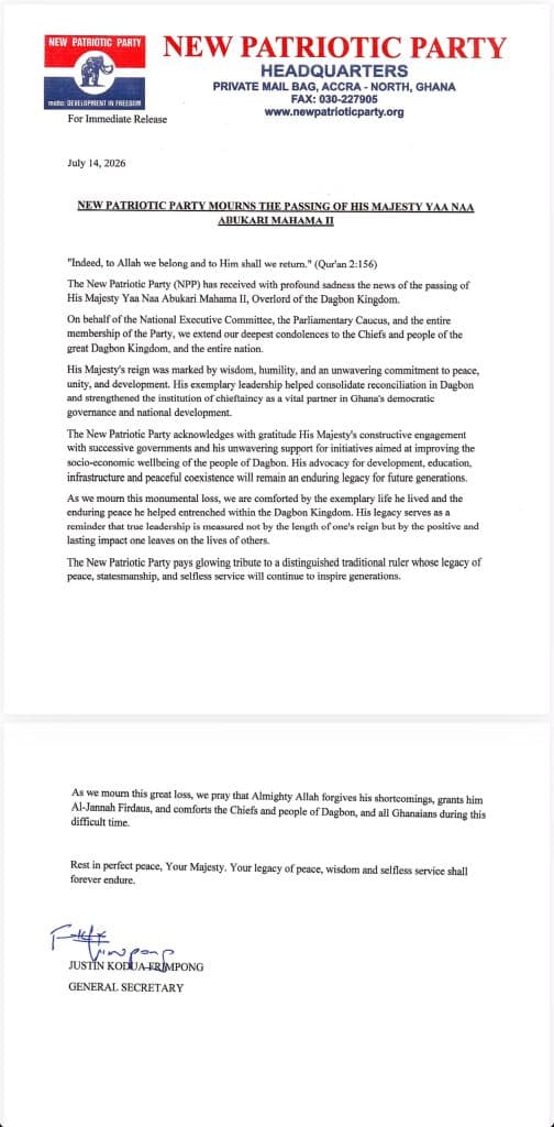 New Patriotic Party Mourns the Passing of His Majesty Yaa Naa Abukari Mahama II - image 2