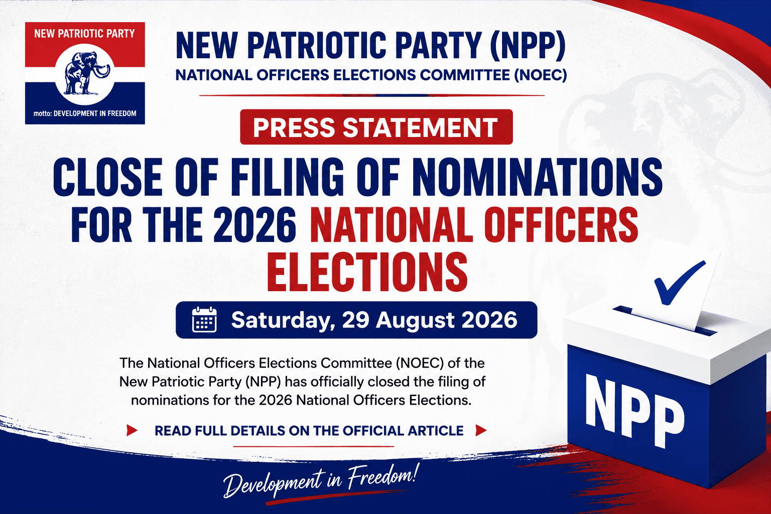 NPP Closes Filing of Nominations for 2026 National Officers Elections