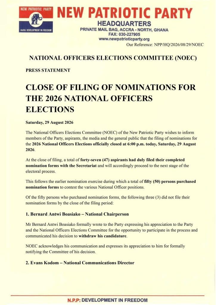 NPP Closes Filing of Nominations for 2026 National Officers Elections - image 2